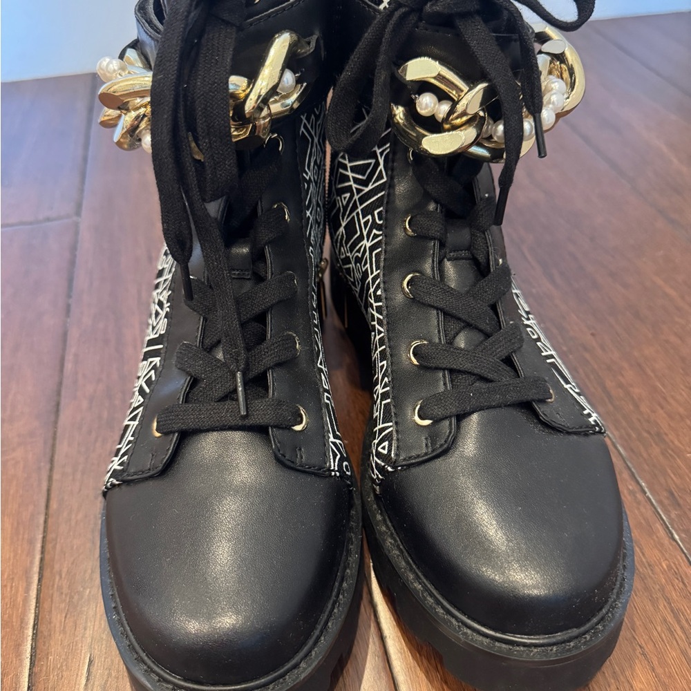 Black and Gold Combat Boots with Lace-Up Design